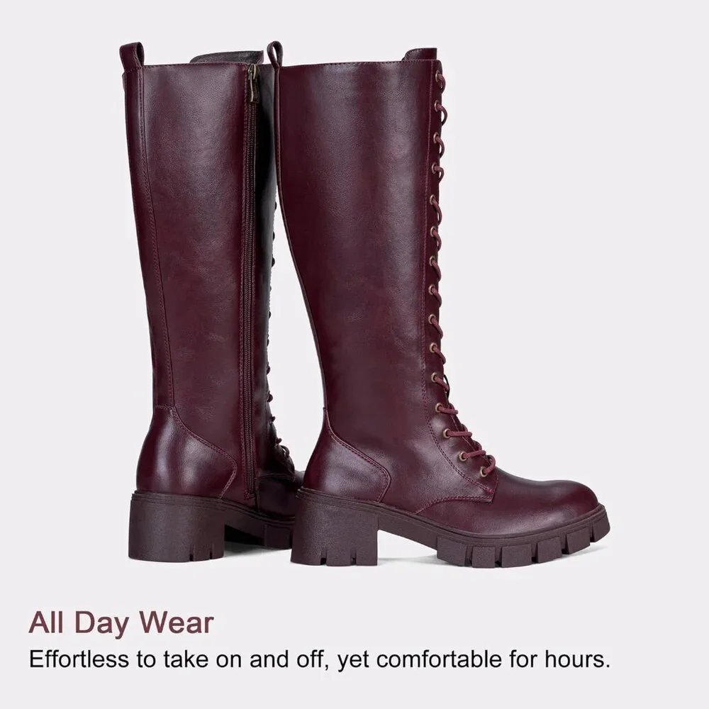Women's Red Pu 953 Chunky Platform Heel Lace Gothic Knee High Combat Boots
